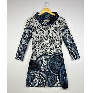 Boho Medallion Print Funsport Womens Small Blue Cowl Neck Long Sleeve Mini Dress